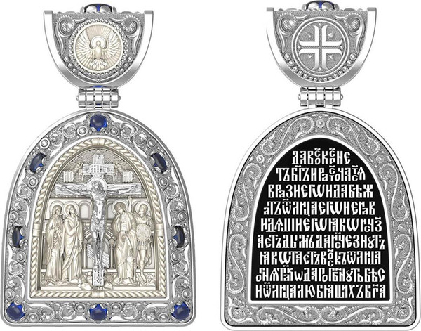 Образок из белого золота c эмалью, сапфиром и бивнем мамонта