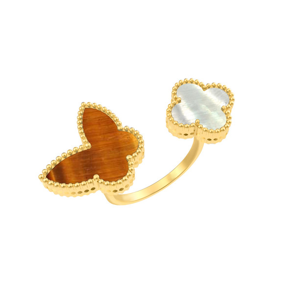 Кольцо из лимонного золота c тигровым глазом и перламутром