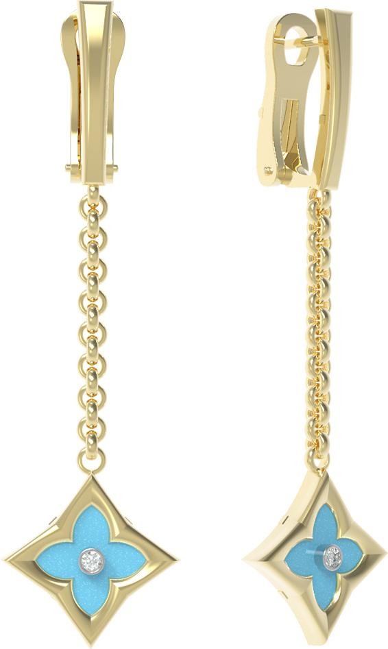 Серьги из лимонного золота c бриллиантами и бирюзой