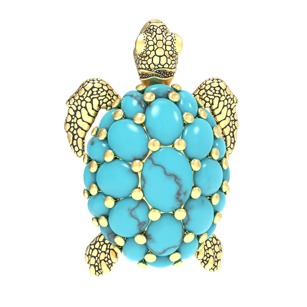 Брошь из лимонного золота c эмалью и бирюзой