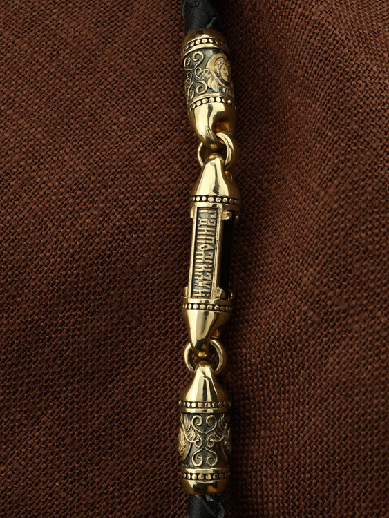 Гайтан из лимонного золота c кожаным шнурком и ониксом