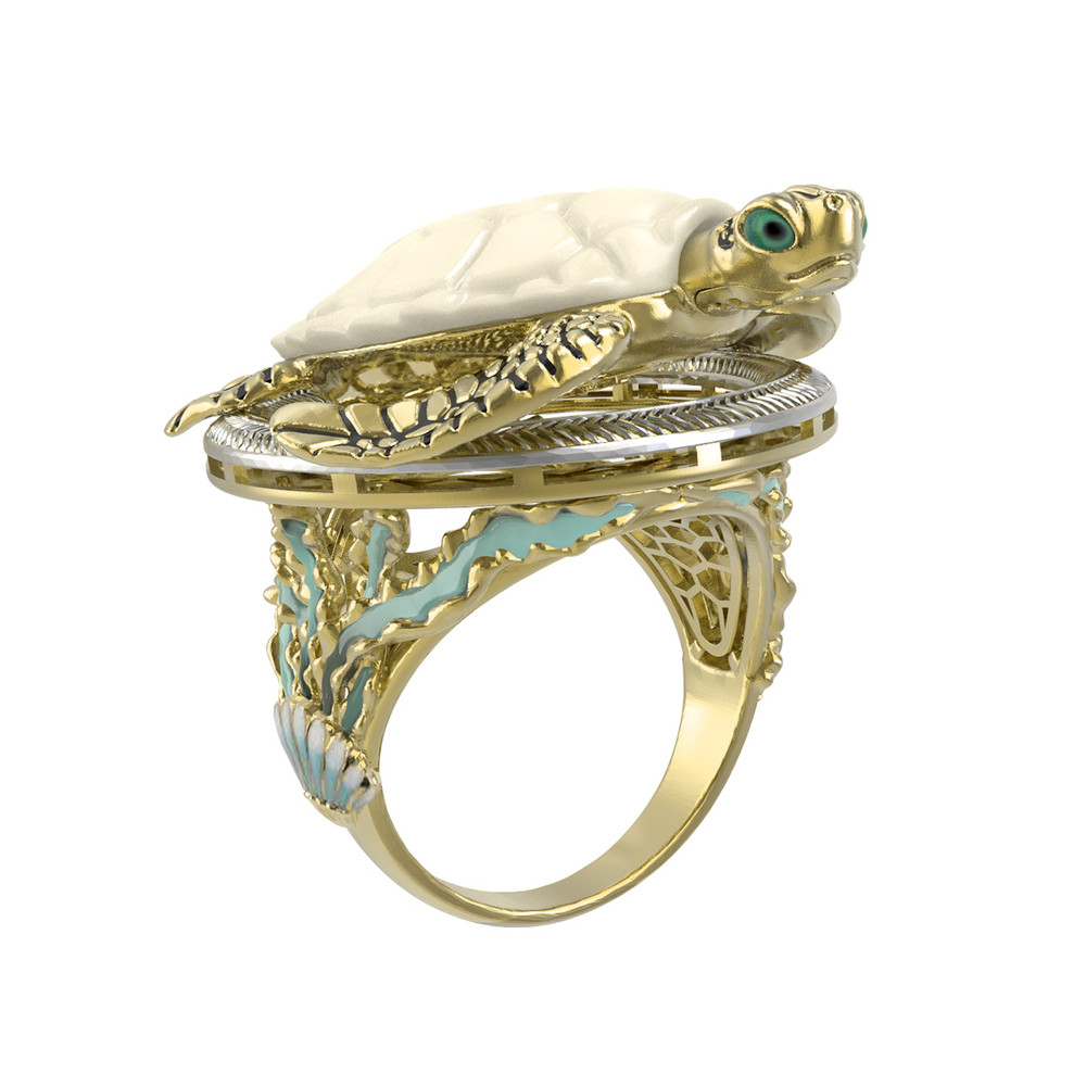 Кольцо из лимонного золота c эмалью и бивнем мамонта