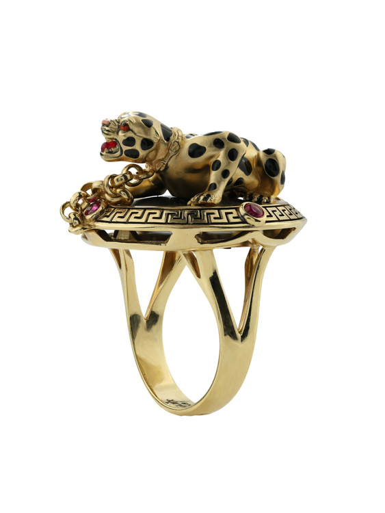 Кольцо из лимонного золота c эмалью, ониксом и рубином
