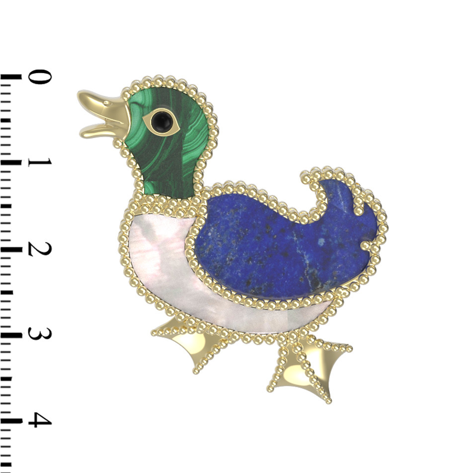 Брошь из лимонного золота c эмалью, лазуритом, малахитом и перламутром