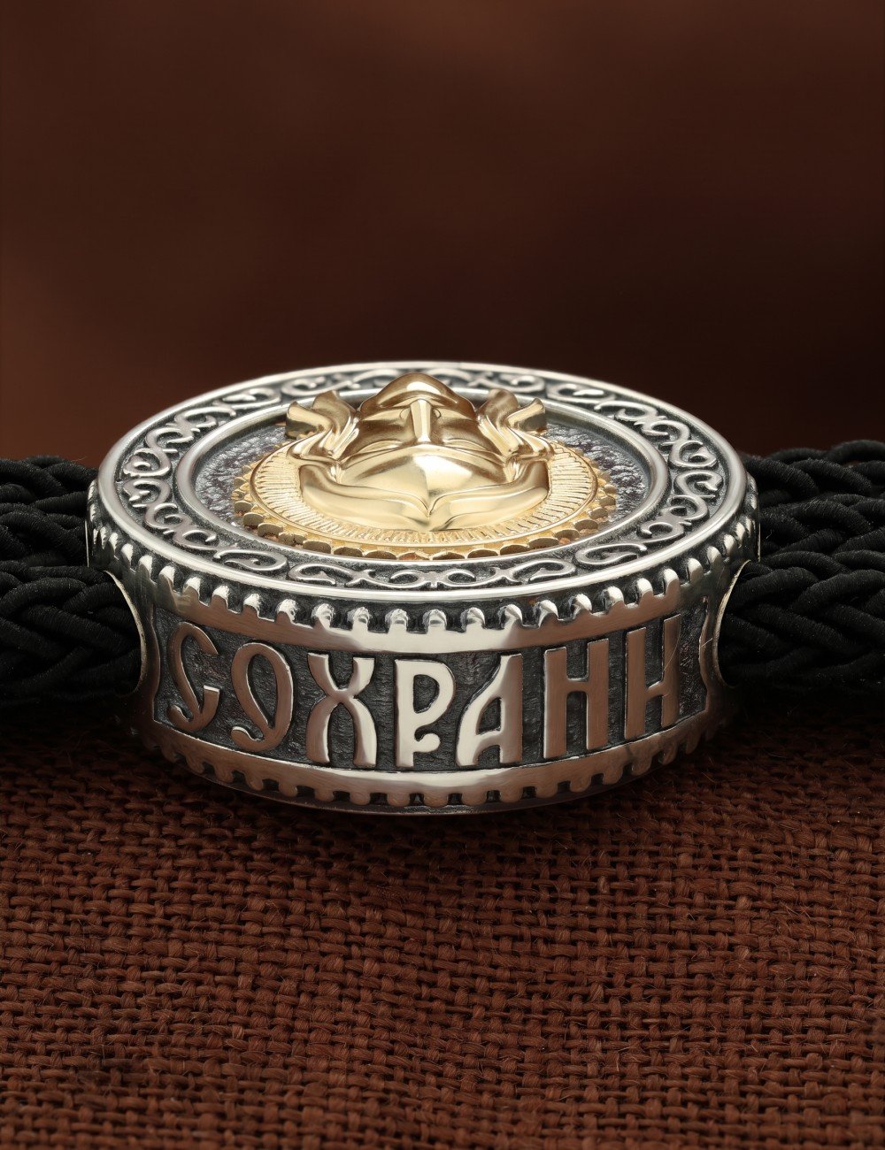 Браслет из серебра 960 пробы и золота 585 пробы c шёлковым шнурком