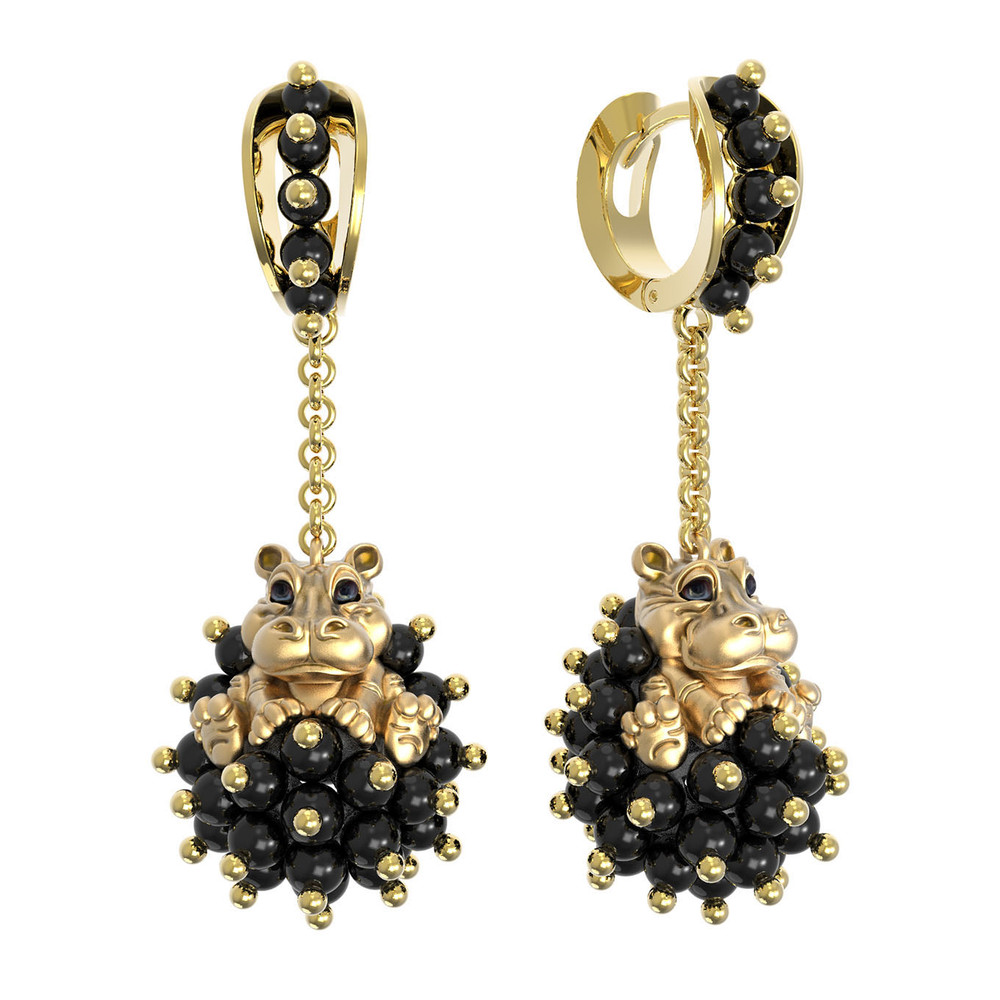 Серьги из лимонного золота c эмалью и ониксом