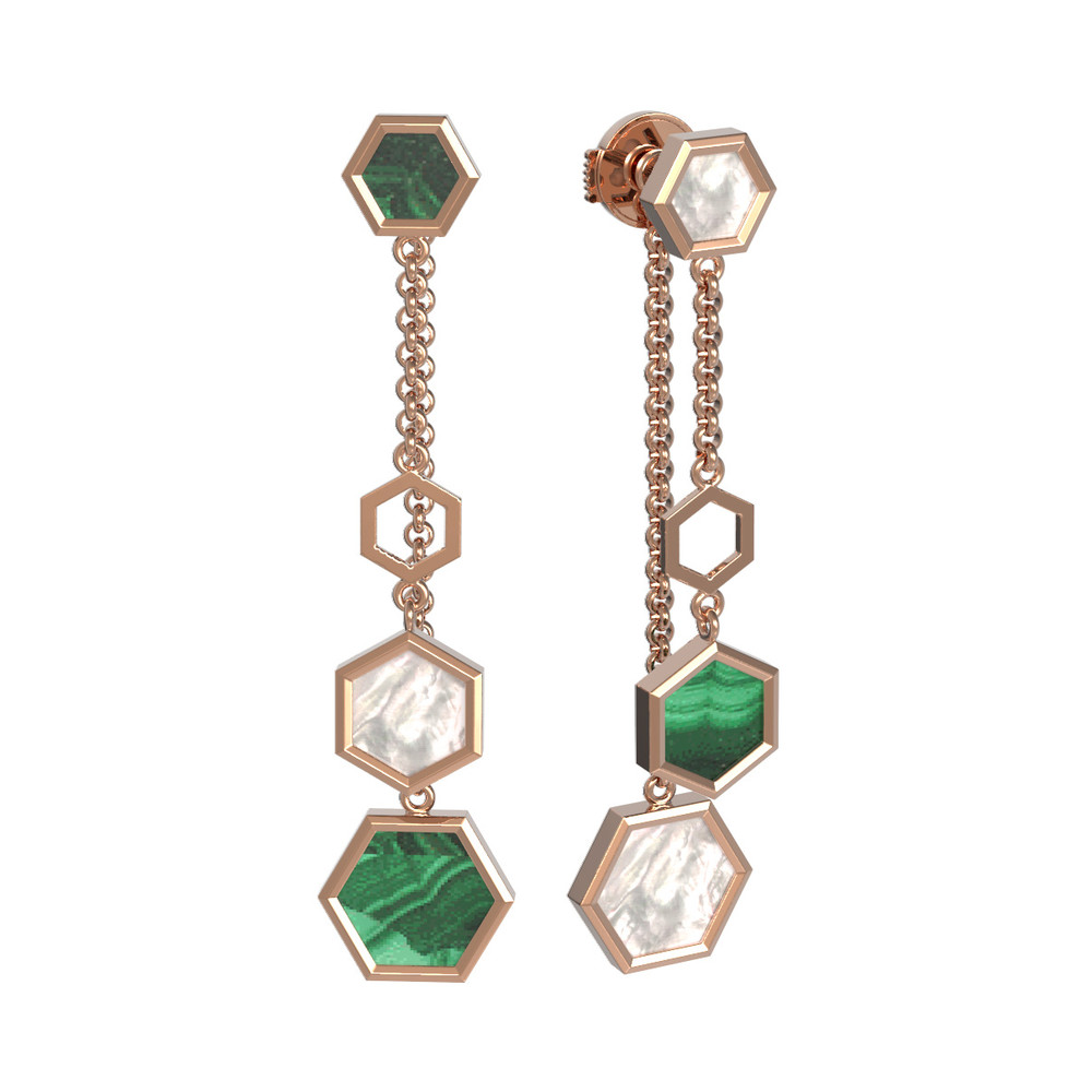 Серьги из золота c малахитом и перламутром