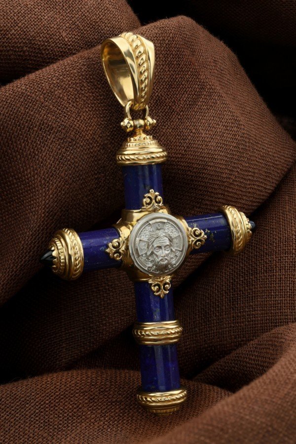 Крест из лимонного золота 585 пробы c ониксом и лазуритом