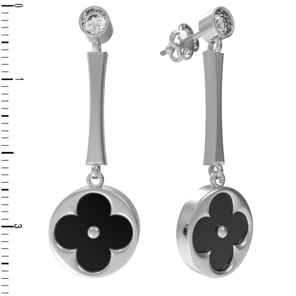 Серьги из белого золота c фианитом и ониксом