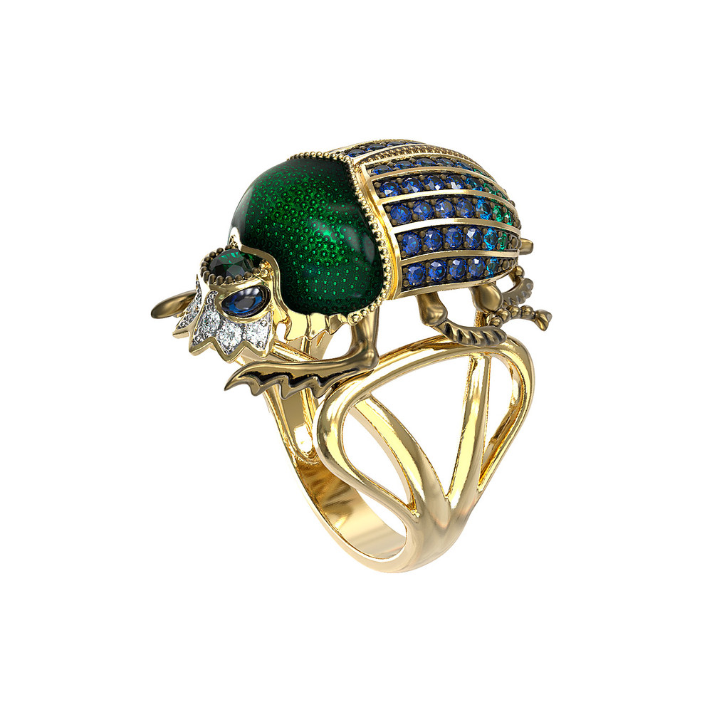 Кольцо из лимонного золота c эмалью, фианитом и турмалином