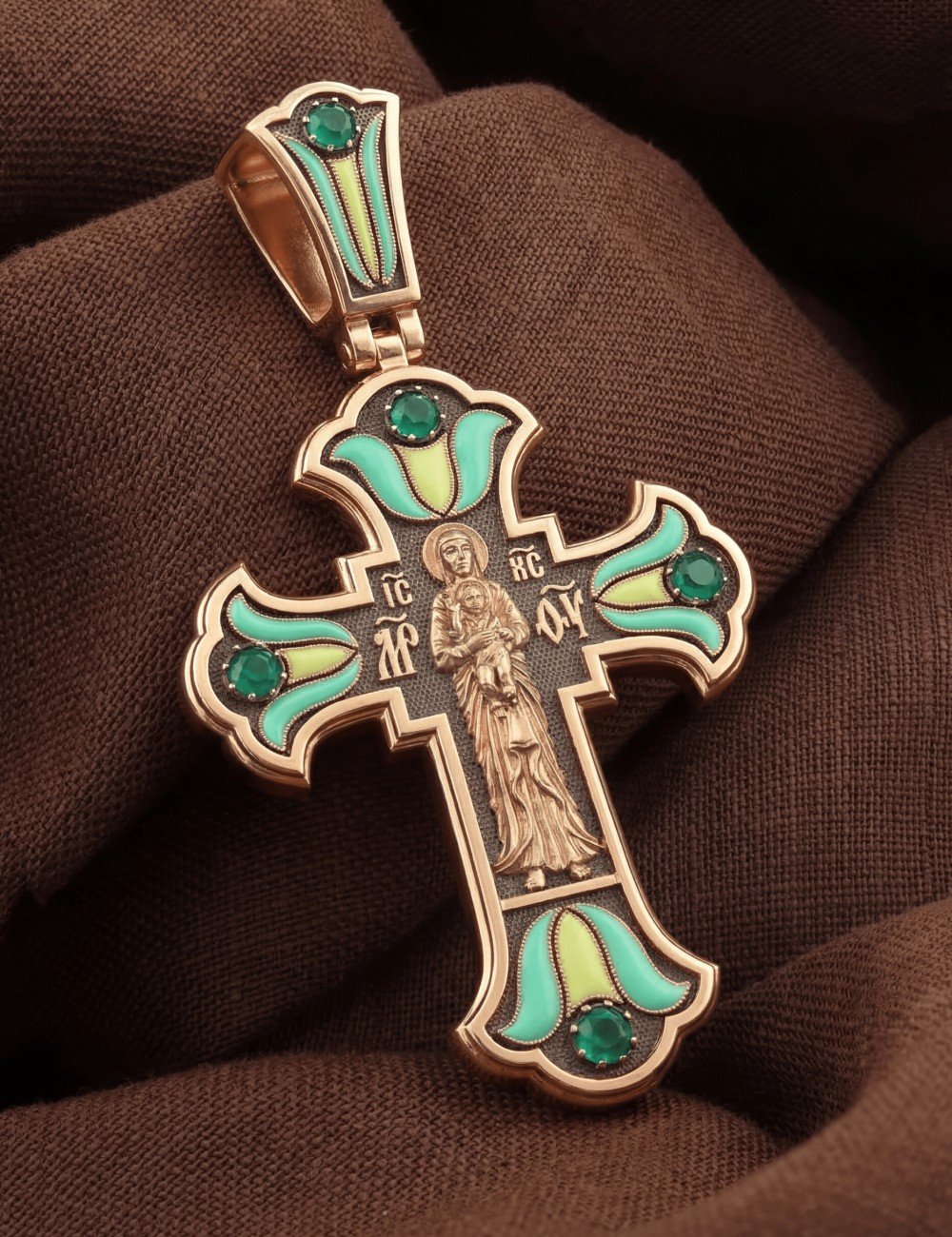 Крест из золота 585 пробы c эмалью и хризопразом
