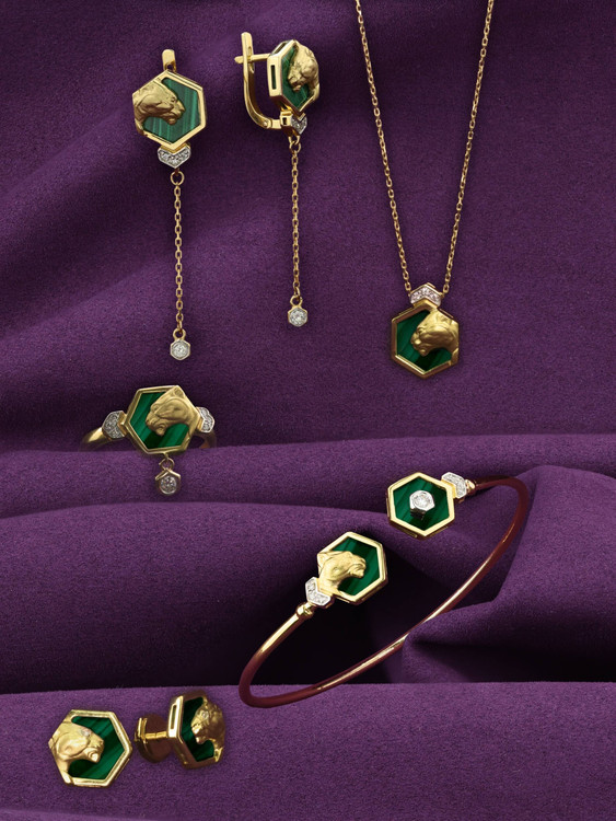 Серьги из лимонного золота c бриллиантами и малахитом