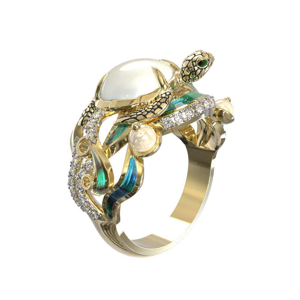 Кольцо из лимонного золота c эмалью, бриллиантами, жемчугом и перламутром