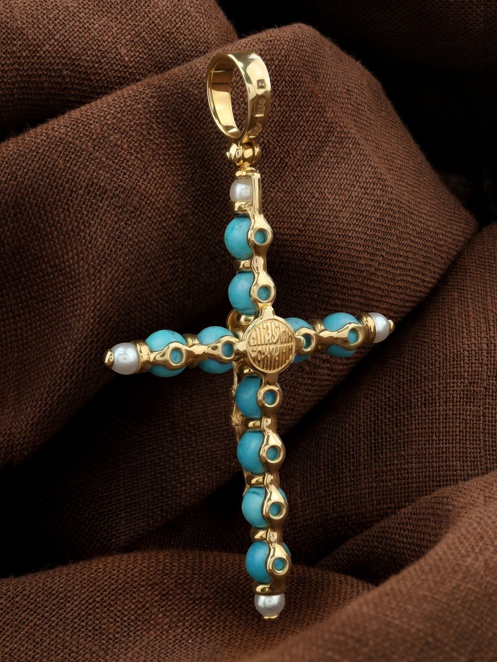 Крест из лимонного золота c жемчугом и бирюзой