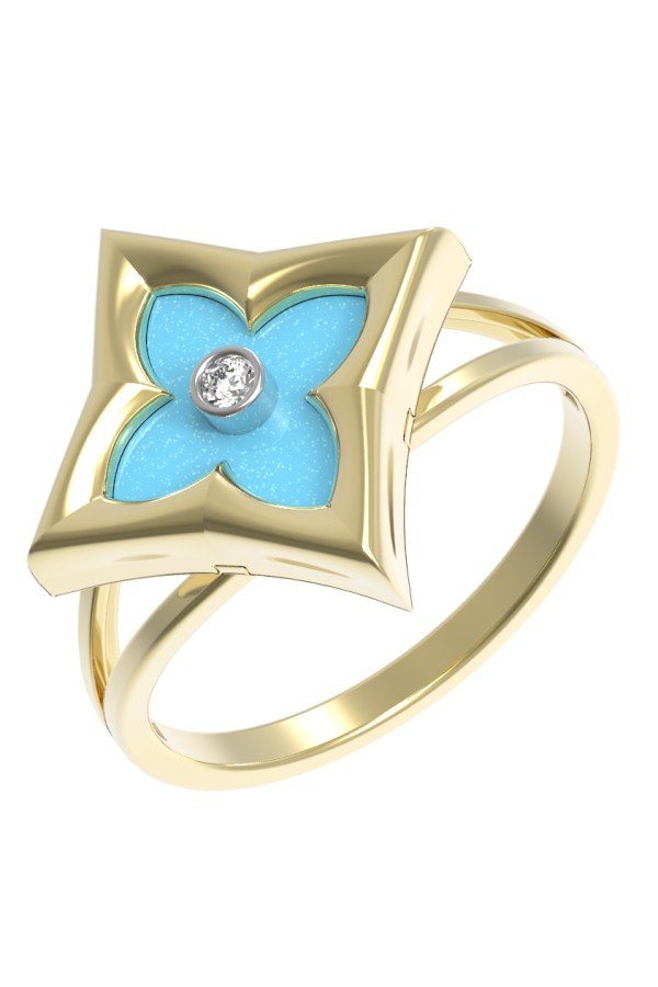 Кольцо из лимонного золота 585 пробы c бриллиантами и бирюзой