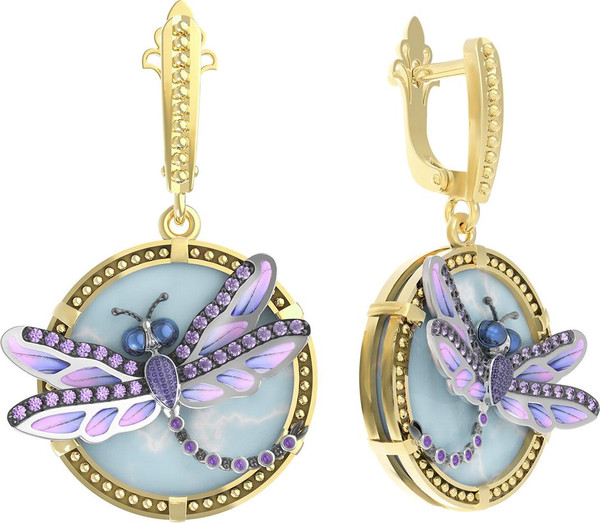 Серьги из лимонного золота c бирюзой, аметистом и эмалью
