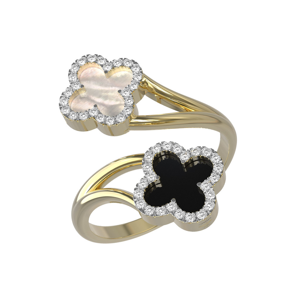 Кольцо из лимонного золота c бриллиантами, ониксом и перламутром