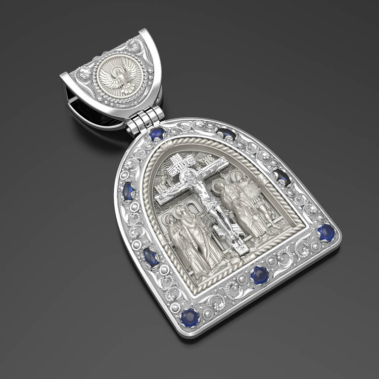 Образок из белого золота c эмалью, сапфиром и бивнем мамонта