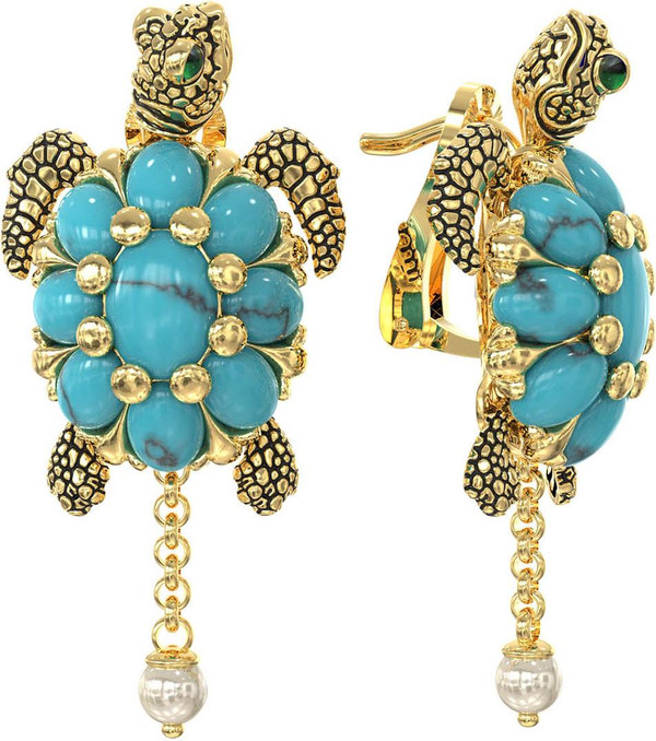 Серьги из лимонного золота c эмалью, жемчугом и бирюзой