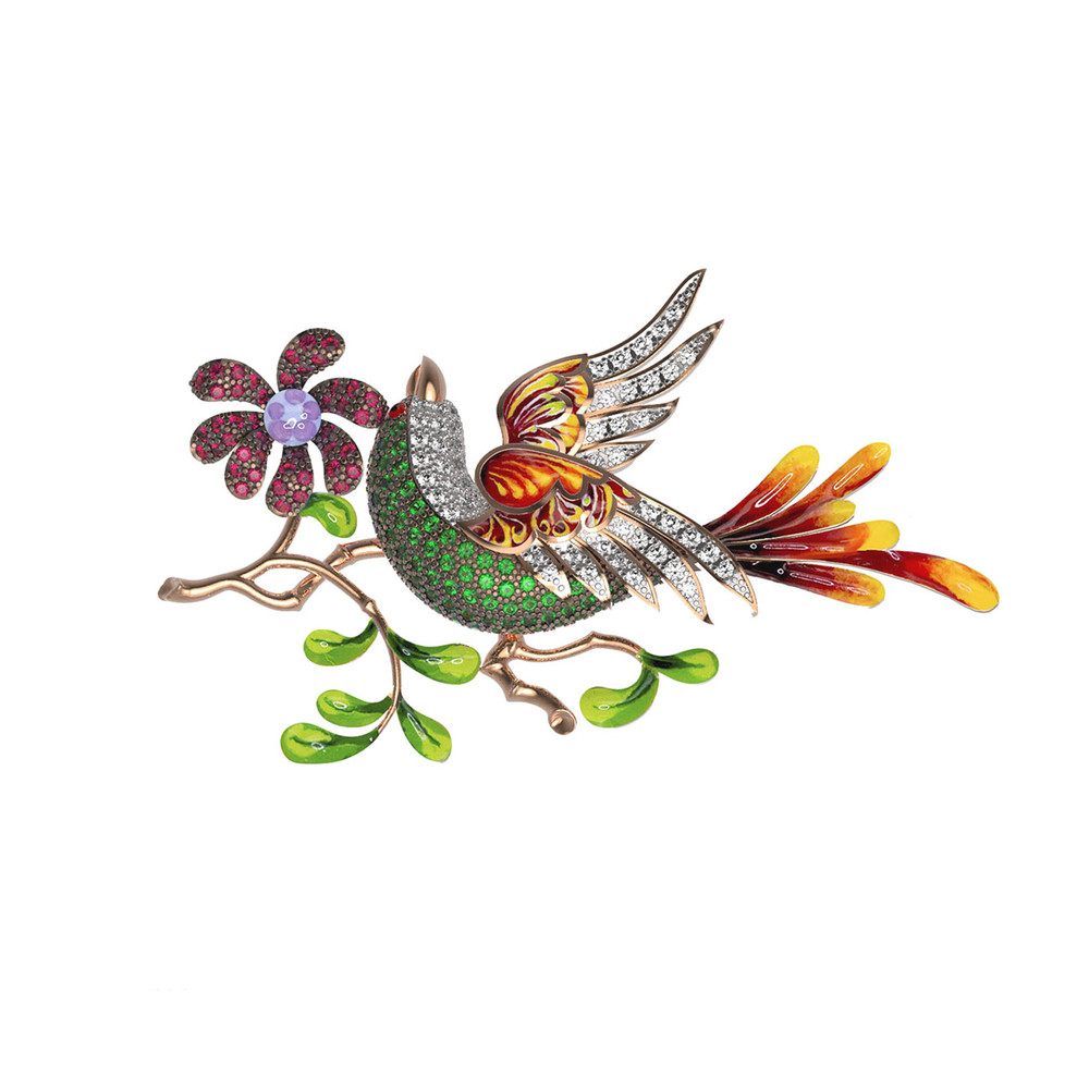 Брошь из золота c эмалью и фианитом