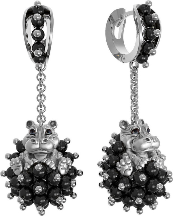 Серьги из белого золота c эмалью и ониксом