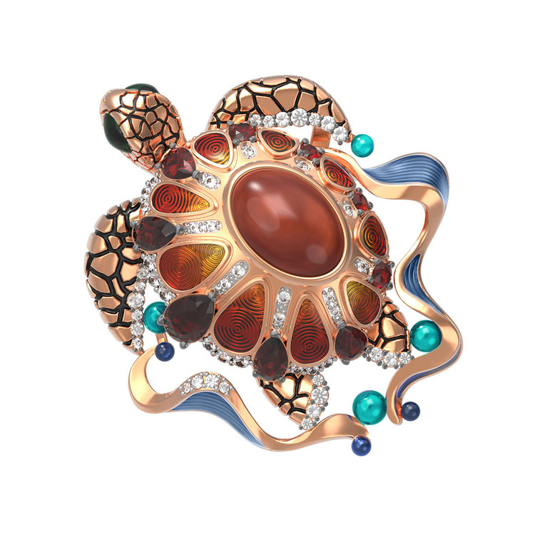 Подвеска из золота c эмалью, фианитом, гранатом и янтарём