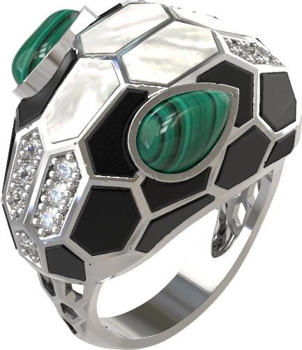 Кольцо из белого золота c бриллиантами, рубином, ониксом, малахитом и перламутром