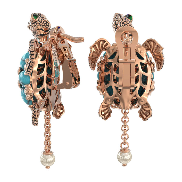 Серьги из золота c эмалью, жемчугом и бирюзой
