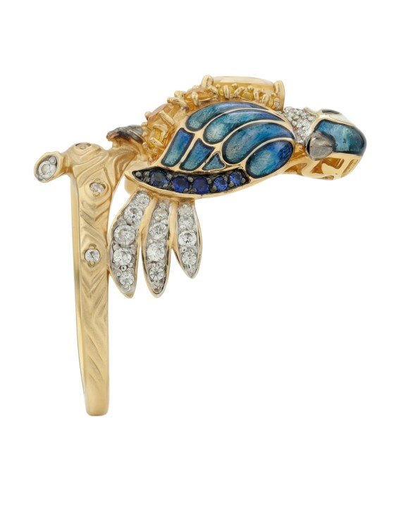 Кольцо из лимонного золота c эмалью, фианитом, цитрином и сапфиром