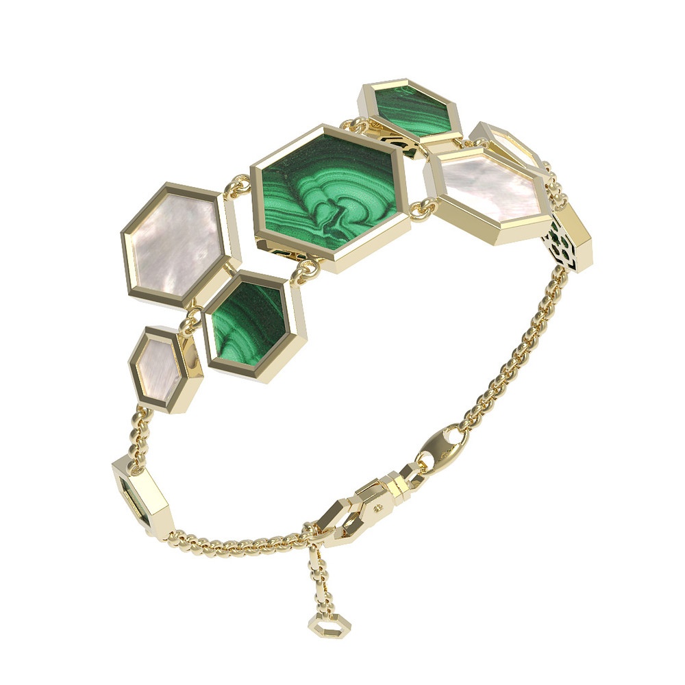 Браслет из лимонного золота c малахитом и перламутром