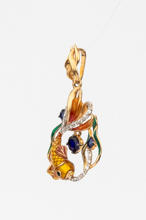 Подвеска из золота c эмалью, фианитом и сапфиром