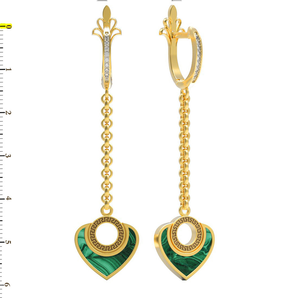 Серьги из лимонного золота c фианитом и малахитом