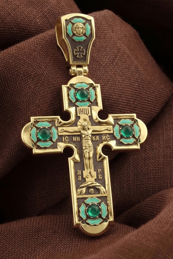 Крест из лимонного золота c эмалью и хризопразом