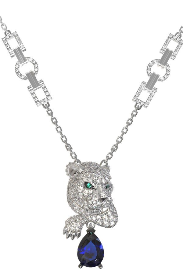 Колье из белого золота 585 пробы c бриллиантами, сапфиром и изумрудом