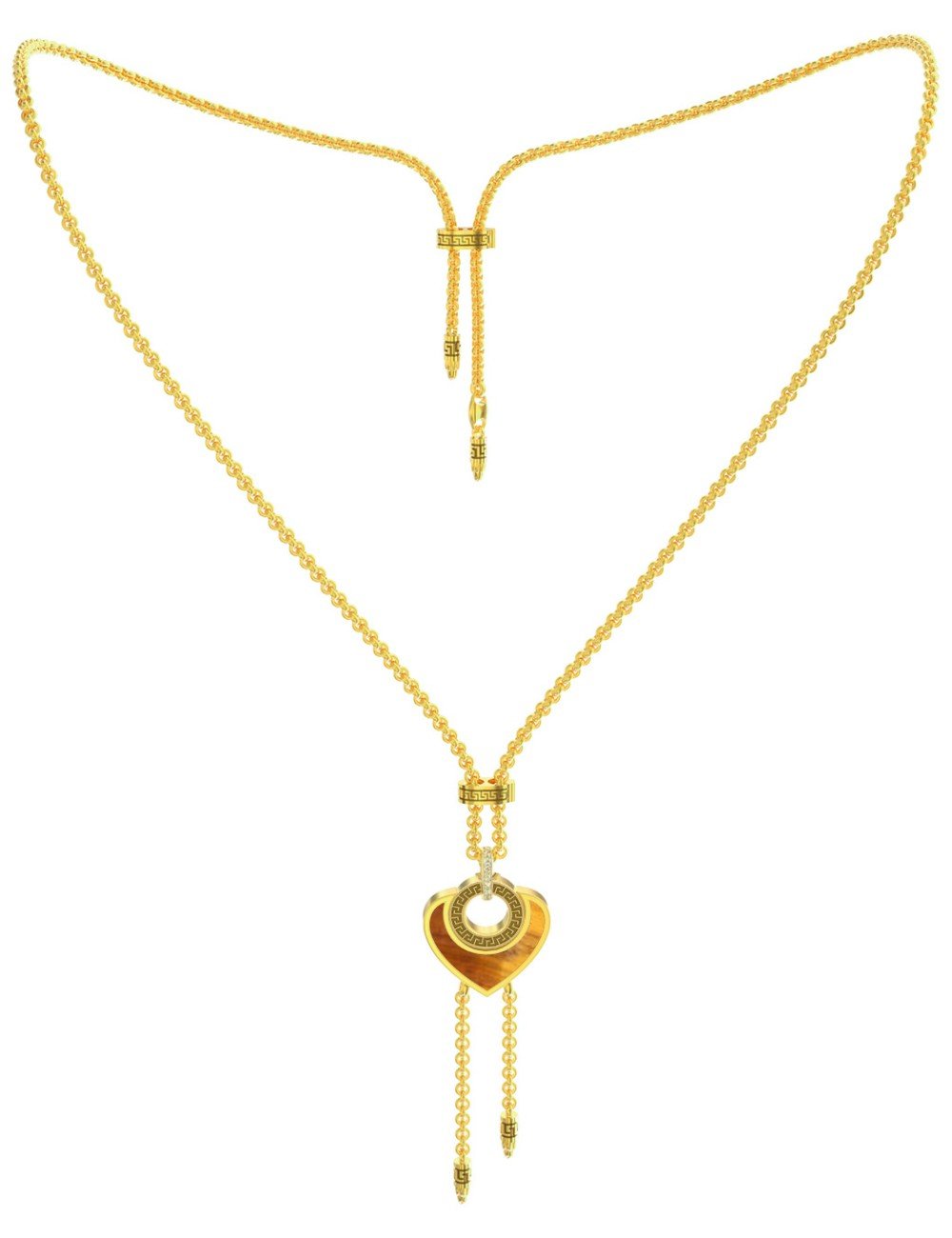 Колье из лимонного золота 585 пробы c фианитом, тигровым глазом и перламутром