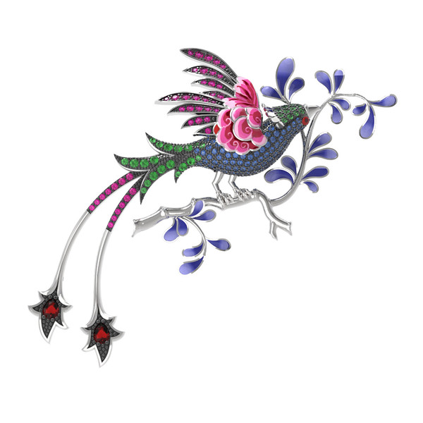 Брошь из белого золота c эмалью, фианитом и гранатом