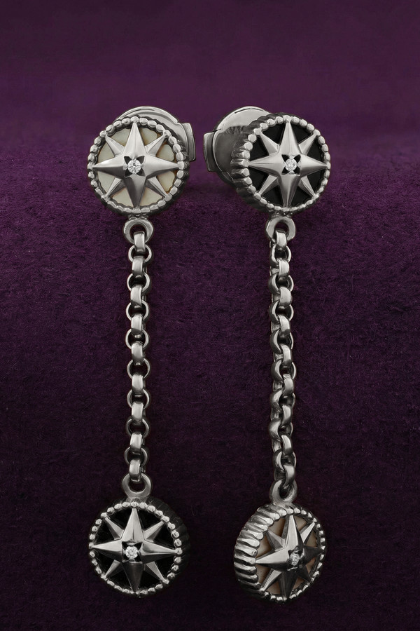 Серьги из белого золота c бриллиантами, ониксом и перламутром