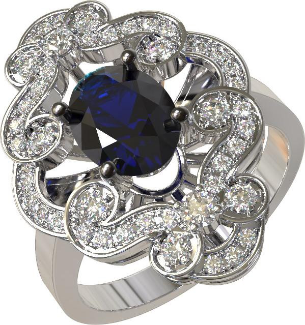 Кольцо из белого золота c бриллиантами и сапфиром
