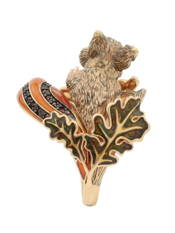 Кольцо из золота c эмалью, гранатом и янтарём