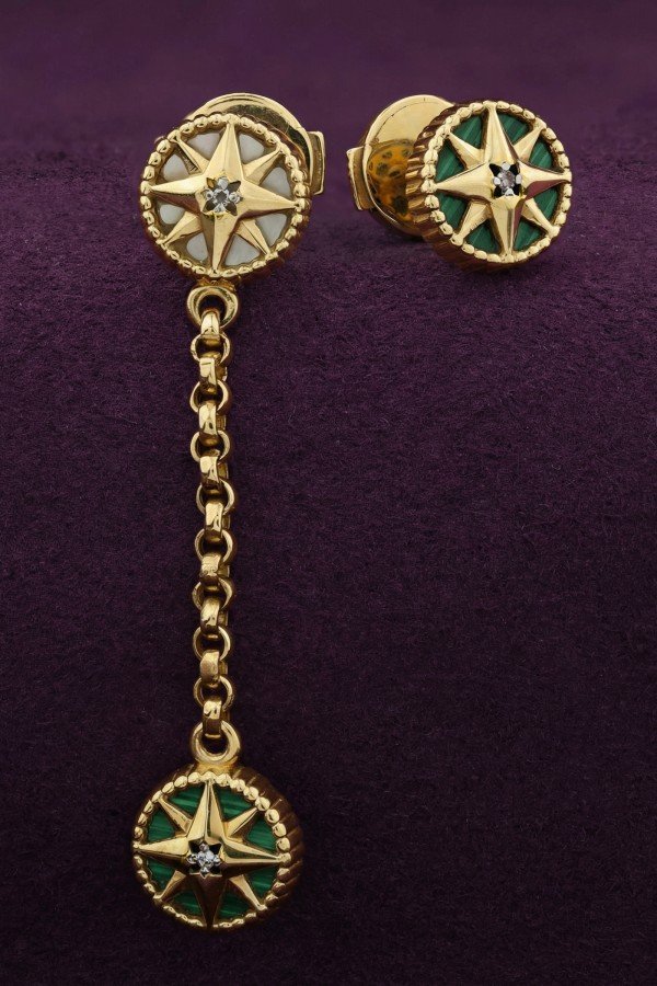 Серьги из лимонного золота 585 пробы c бриллиантами, малахитом и перламутром