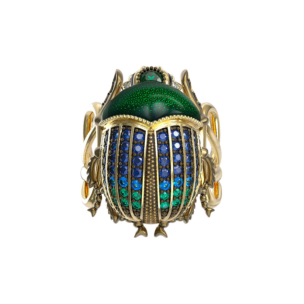 Кольцо из лимонного золота c эмалью, фианитом и турмалином