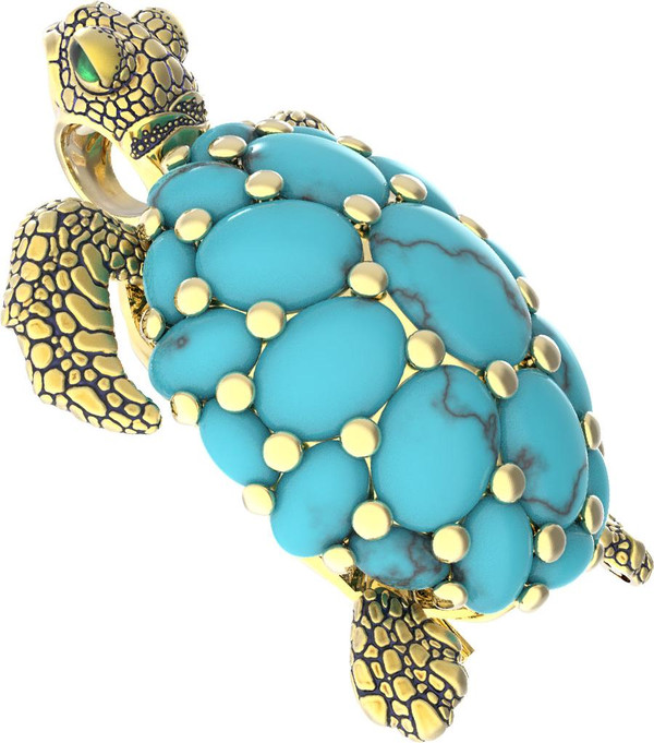 Брошь из лимонного золота c эмалью и бирюзой