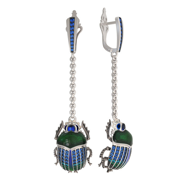 Серьги из белого золота c эмалью, фианитом и сапфиром