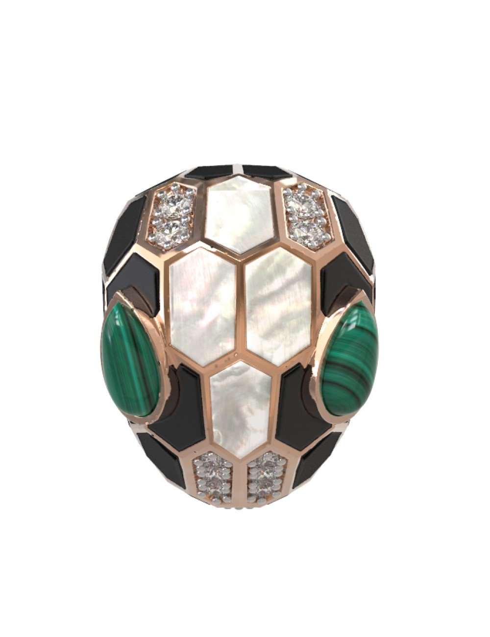 Кольцо из золота 585 пробы c бриллиантами, рубином, ониксом, малахитом и перламутром
