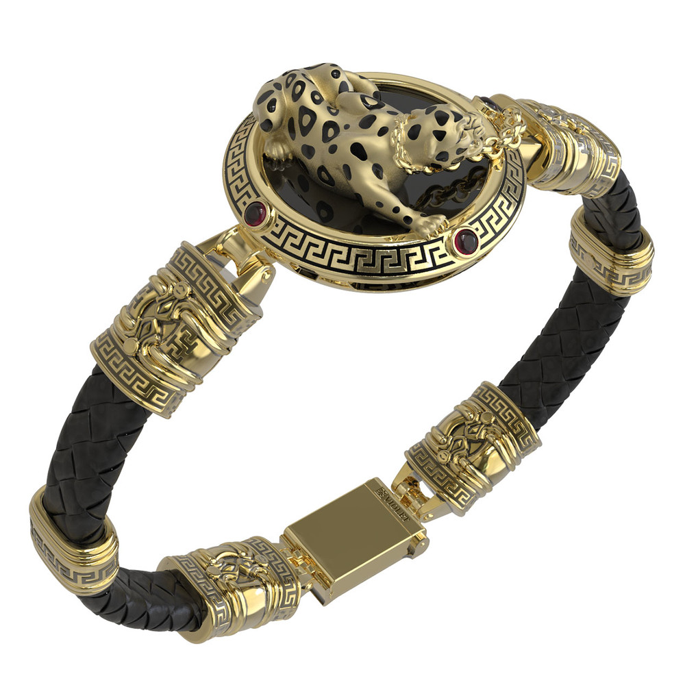 Браслет из лимонного золота c эмалью, шнурком, ониксом и рубином