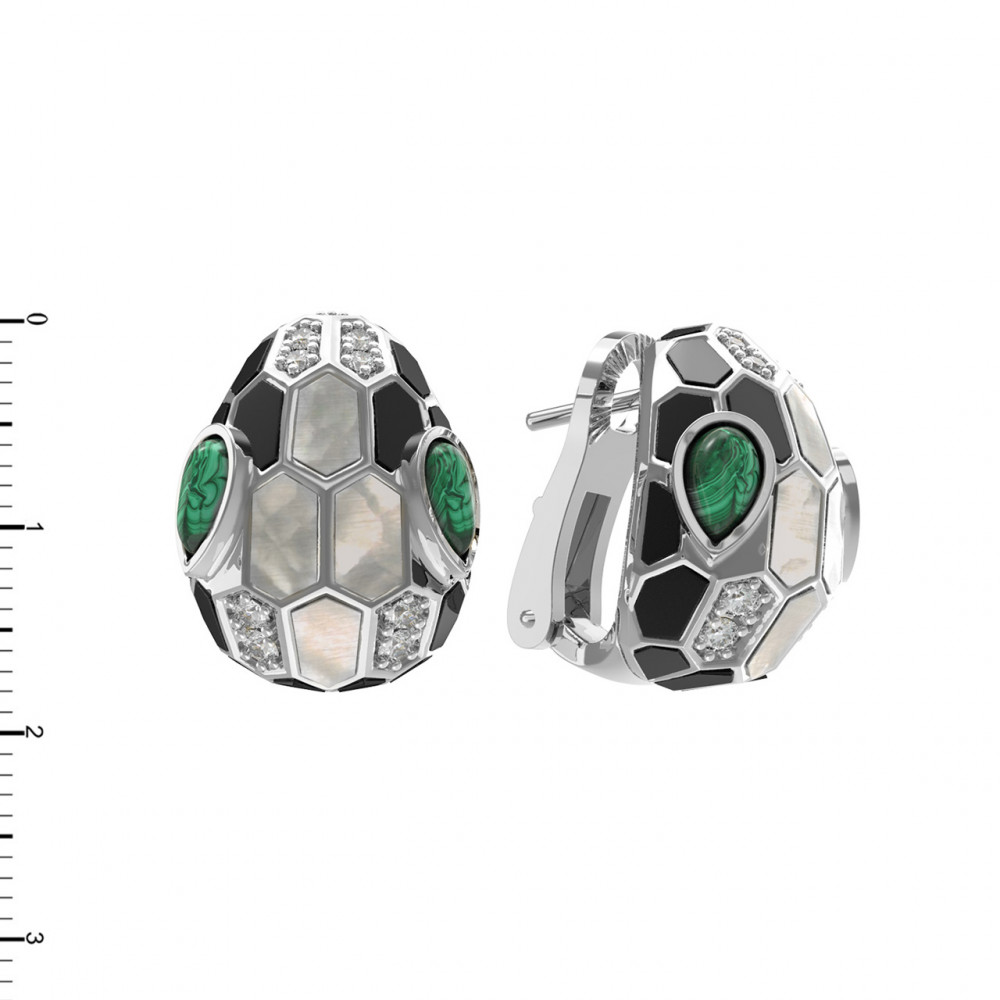 Серьги из белого золота c бриллиантами, рубином, ониксом, малахитом и перламутром