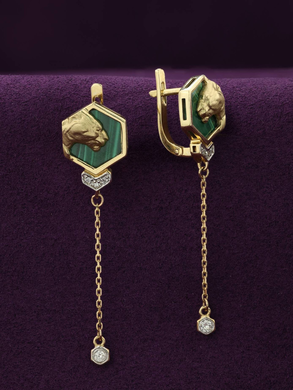 Серьги из лимонного золота c бриллиантами и малахитом