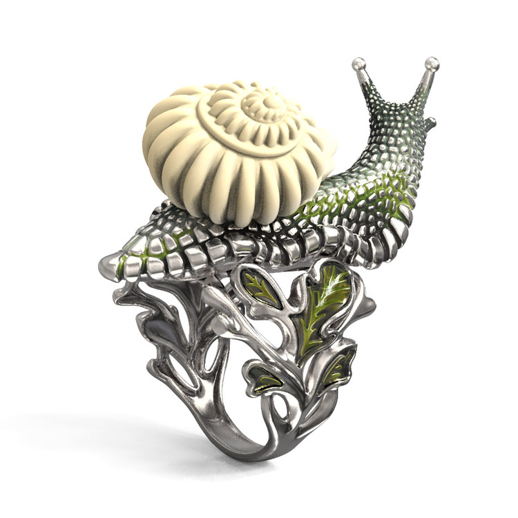 Кольцо из белого золота c эмалью и бивнем мамонта