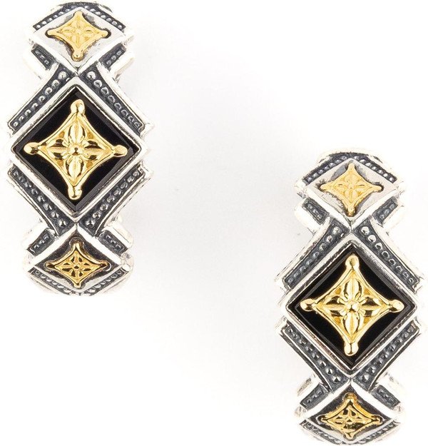 Серьги из серебра и золота c ониксом и рубином