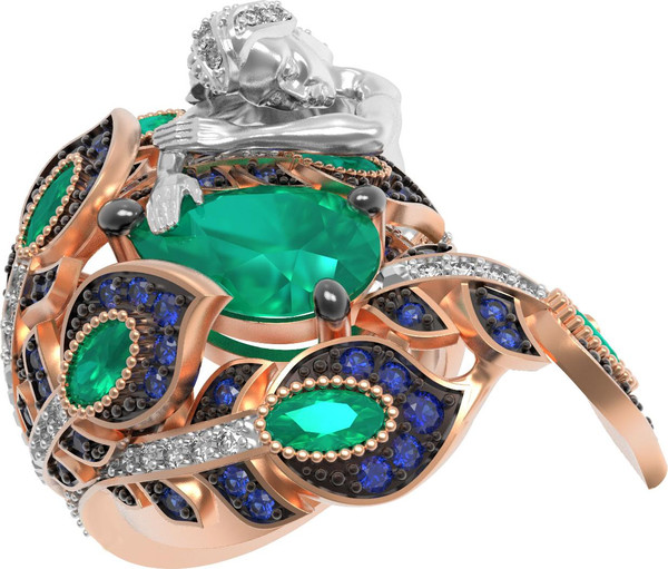 Кольцо из золота c фианитом и хризопразом